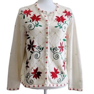 Ugly Christmas Sweater Beaded Embroidered Holiday Poinsettia Cardigan Size Large